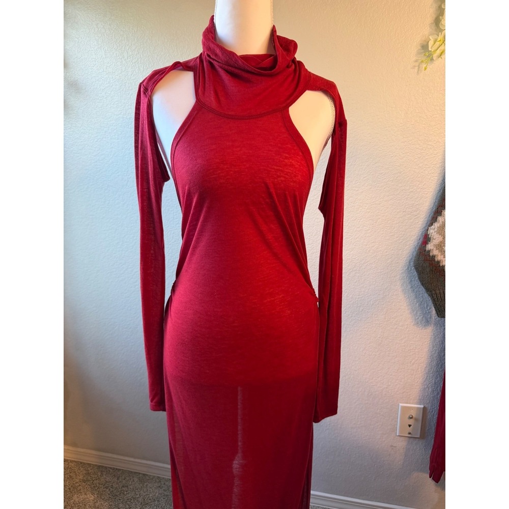 Darker Wavs Dolls Kill Red Sheer Cutout Maxi Dress with Shrug Medium NWT - Picture 2 of 10